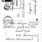 Postkarte mit der Todesmitteilung an die Arbeitskollegen von Richard Schlenz bei der VEB Stadtreinigung Leipzig>